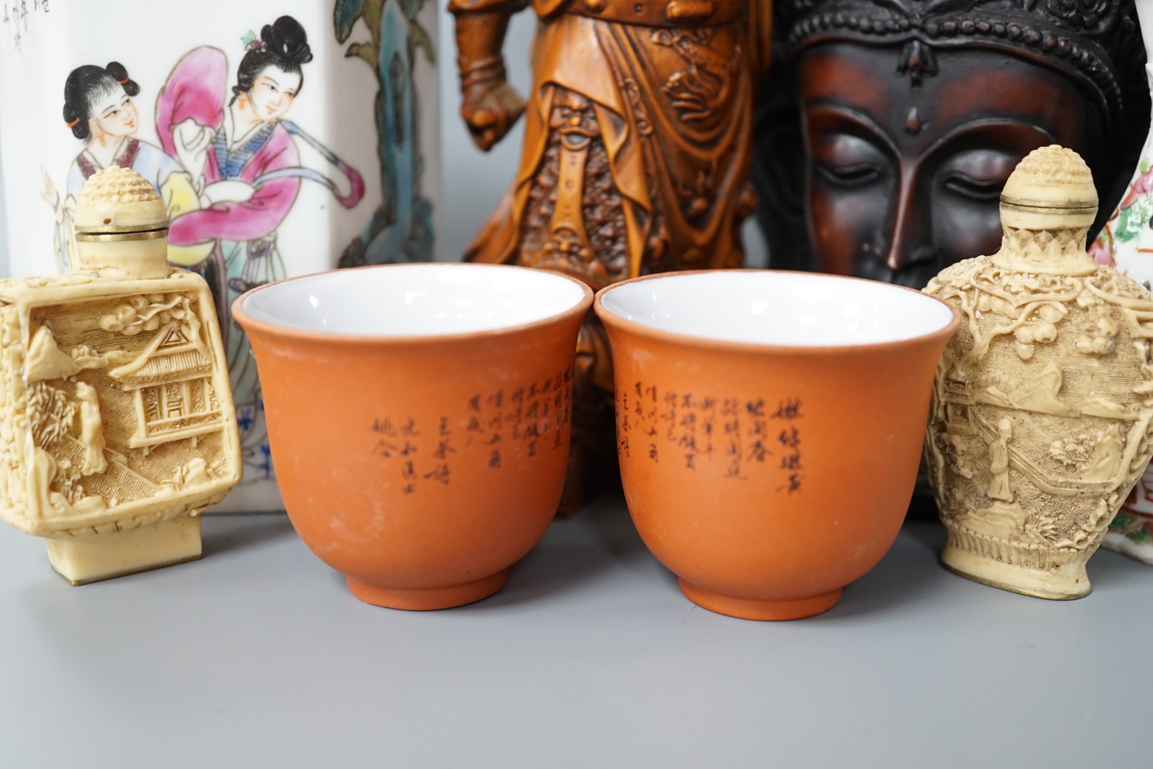 A Chinese famille rose brush pot together with other various oriental ceramics and figures (12)